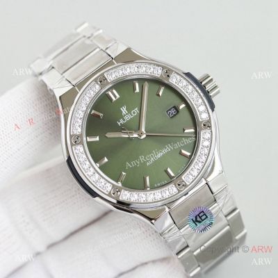 Swiss Replica Hublot Classic Fusion Diamond Bezel Green Dial Watches